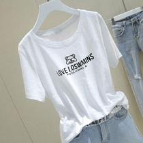 (100% bamboo cotton multi-color variety) summer short sleeve T-shirt female Korean loose large size white print base shirt