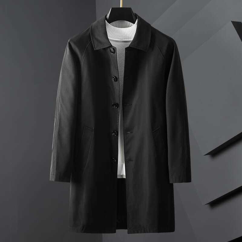 Black Mid-Length Trench Coat Men's Jacket Autumn and Winter New Casual Wear British Style Top Jacket Large Size Versatile Slim Fit Black Mid-Length Trench Coat Men's Jacket Autumn and Winter New Casual Wear British Style Top Jacket Large Size Versatile Slim Fit