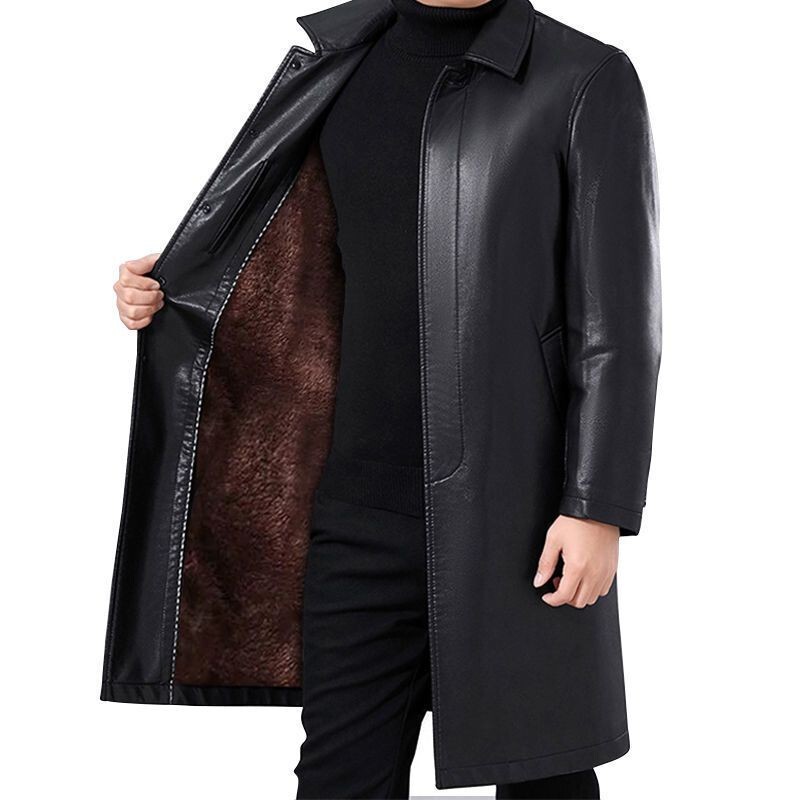 Middle-Aged and Elderly Men's Long Over-The-Knee Leather Trench Coat, Men's Fleece-Lined Thickened Warm Leather Jacket, Dad's Winter Coat, Luxurious Leather