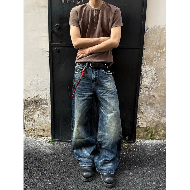 Dp Ahoilcc American Street Style Heavy-Duty Distressed Washed Whiskered Jeans Unisex Trendy Cleanfit Long Pants