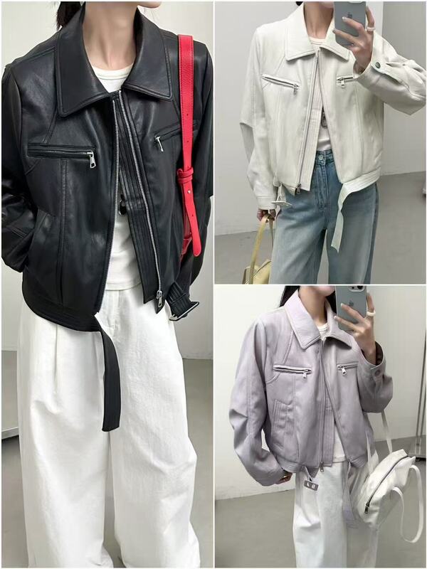 3238 New Autumn Style Leather Jacket with Lapel and Zipper, Made of Protein Leather, Size M, Chest Circumference 114, Length 55