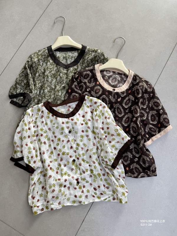 5211 New Summer Style Round Neck Floral 100% Ramie Short-Sleeved Shirt, m Bust 122, Length 55 5211 New Summer Style Round Neck Floral 100% Ramie Short-Sleeved Shirt, m Bust 122, Length 55