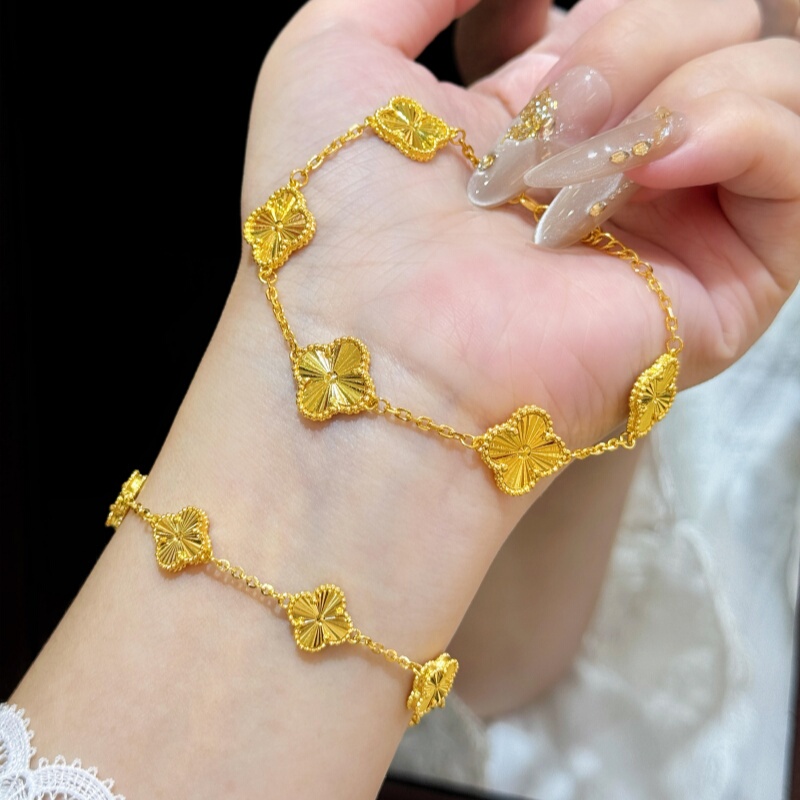 Traditional Craftsmanship Gold-Plated Silver Four-Leaf Clover Five-Flower Bracelet for Women, Shiny Laser-Cut Lucky Clover Bangle, Holiday Gift
