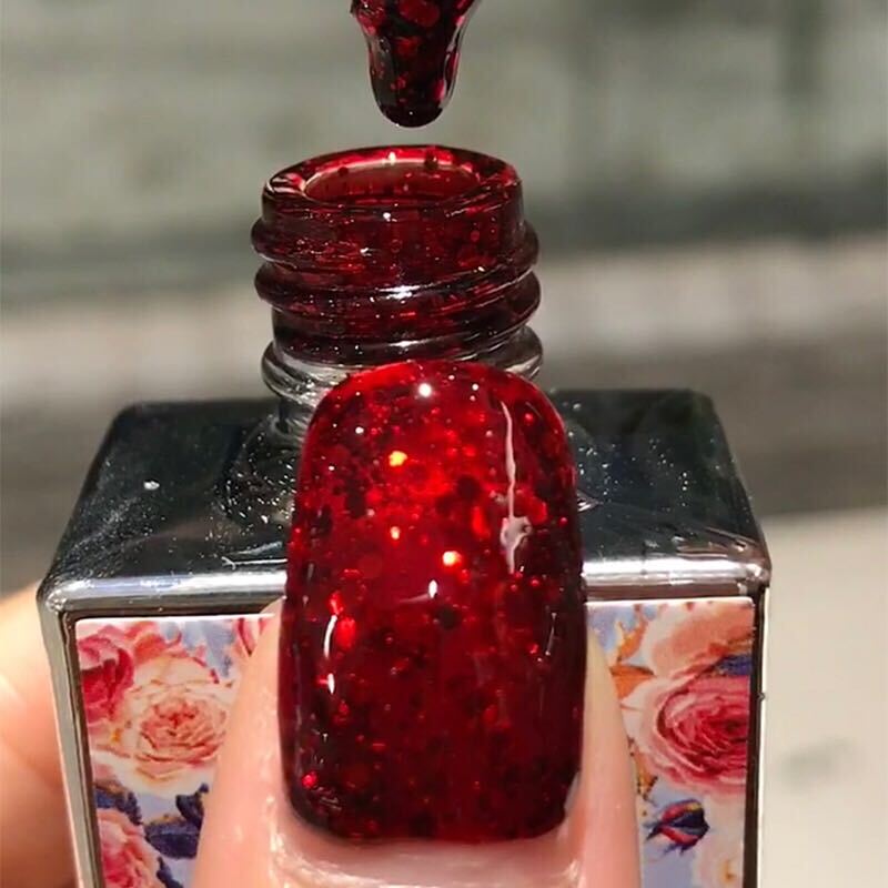Flower Bud Manicure Autumn and Winter New Style Wine Red Glitter Phototherapy Nail Polish Nail Gel Glassy Red Diamond Resin Red