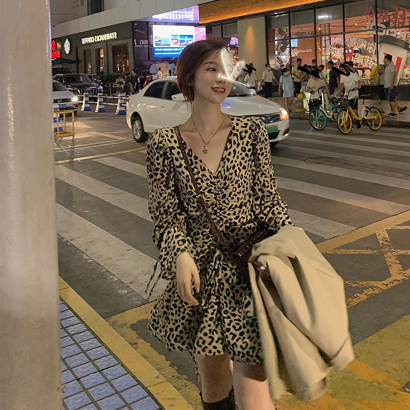 French retro BAO WEN floral dress spring and autumn temperament waist and slim all-match design V-neck drawstring skirt