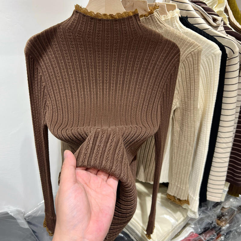 Half turtleneck texture knitted sweater winter women's top 2021 new lace fungus edge stitching slim bottoming shirt