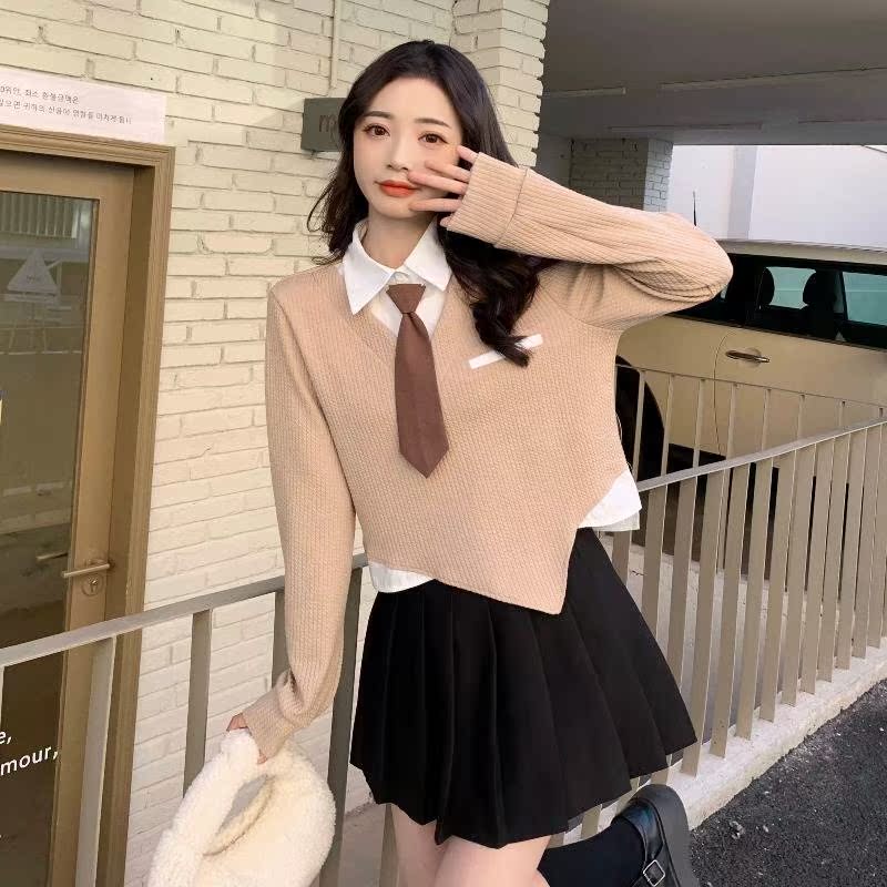 Large size fat mm autumn and winter waffle long-sleeved inner coat design irregular chic fake two-piece inner coat women