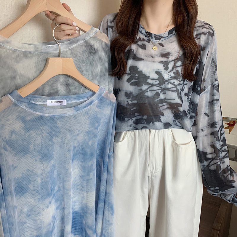 Tie-Dye Long-Sleeve T-Shirt for Women, Summer Lazy Style, Loose Fit, Slimming, Thin Mesh Sunscreen Air-Conditioning Cover-Up Top, Trendy on Instagram Tie-Dye Long-Sleeve T-Shirt for Women, Summer Lazy Style, Loose Fit, Slimming, Thin Mesh Sunscreen Air-Conditioning Cover-Up Top, Trendy on Instagram
