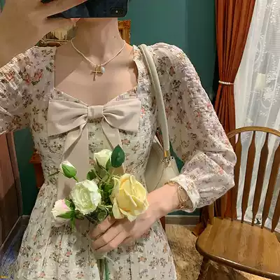 Korean version of gentle floral bow dress women Autumn New chic art feel waist long skirt tide