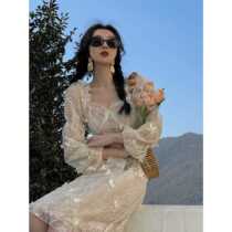 Lace heavy industry three-dimensional embroidered butterfly dress 2021 spring and summer vintage square collar slim super fairy mesh fairy dress