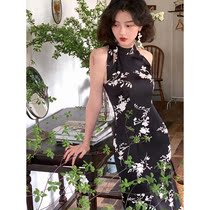 Wine afternoon homemade style retro printed satin face sling hanging neck one-piece dress High waist display slim open fork Hip Skirt Woman summer