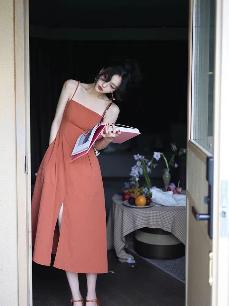 Wine Afternoon Homemade Style Retro 2022 Summer Fold Open Fork Harness Foreign Dress Cashew Slim Mid-Length Skirt Woman
