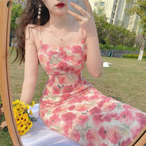 2021 new French retro niche temperament slim skirt Goddess fan suspender dress floral dress