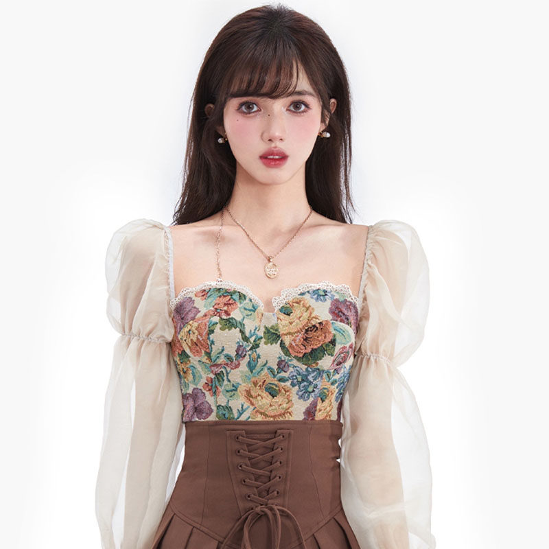 Retro Oil Painting Sensation Slim flower blouses High waist Conspicuated Slim Crowdstrap 100 Pleat Half Body Dress Two Sets