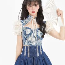 Farstyle Romantic Oil Painting Style Bubble Cuff jacket High waist display slim strap fluffy half body dress Two sets