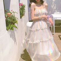 2021 Summer Sen tie-over-the-knee fairy dress Colorful gilt yarn fairy flow light white suspender dress female