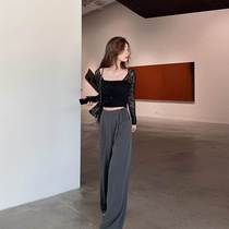 Commuter Summer Grey High Waist Straight Cylinder Western Pants Woman Coveted Slim Broadlegged Pants Summer Loose Lace Casual Pants