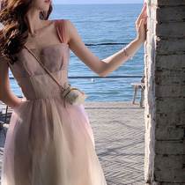 Sweet and gentle wind web yarn Blister Harness with dress Dress Woman High Waist Display Slim Seaside Holiday Qipao Fairy long dress