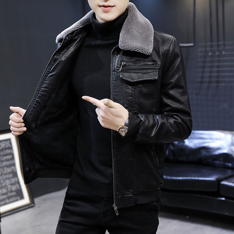 2022 winter new men's leather jacket plus velvet thick youth fur collar short leather jacket Korean style slim coat trend