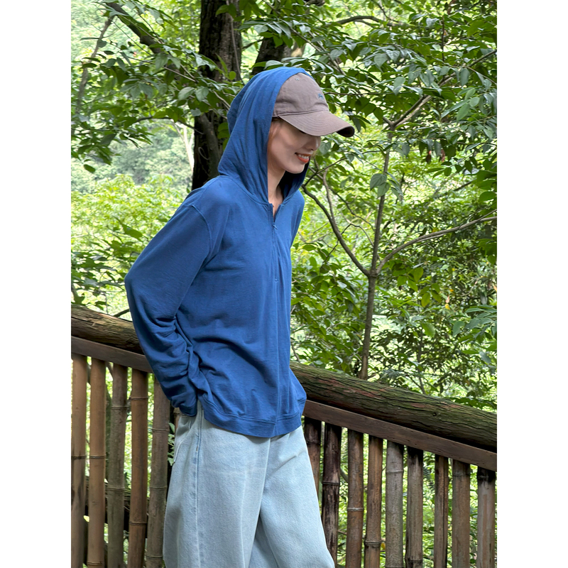Qinzai Cotton and Linen Minimalist Style Hooded Half-Zip Long-Sleeve T-Shirt for Women, Thin, Loose, Casual, Workwear Top D5332
