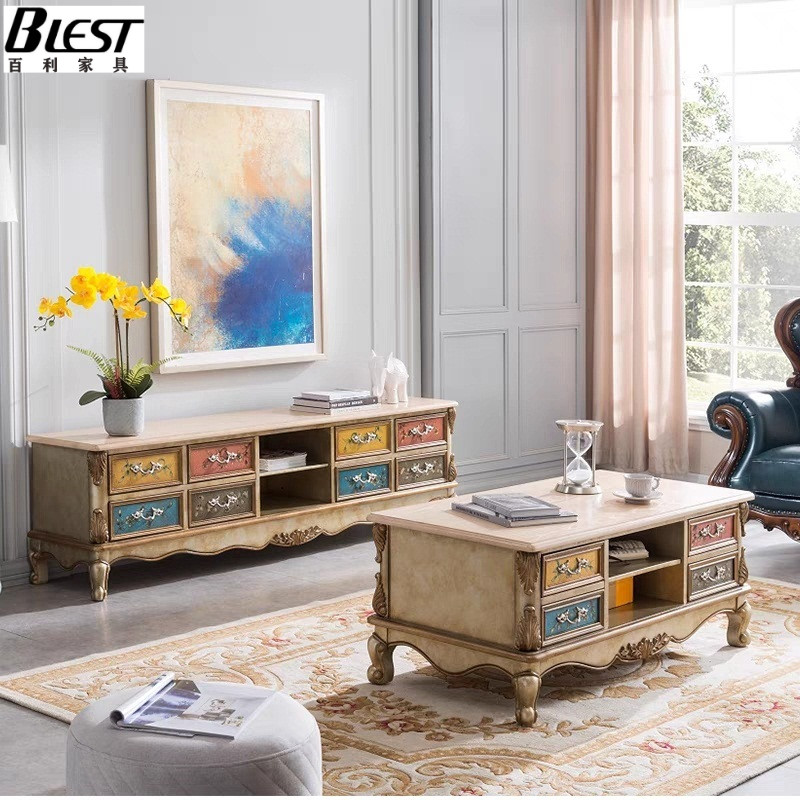 American solid wood color painted TV cabinet tea table group The whole house with living room ground cabinet villa retro countryside Film and TV cabinet