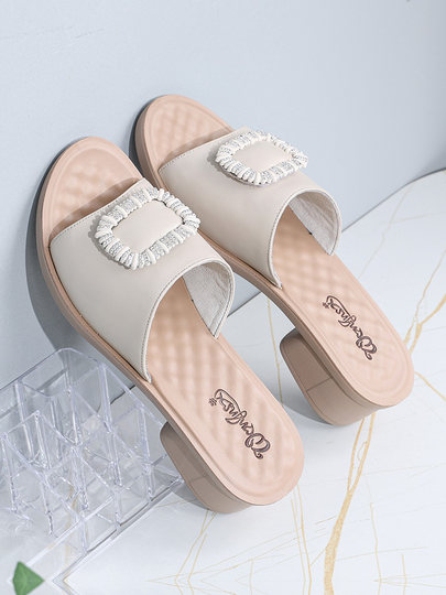 Genuine Leather Slippers for Women, Summer Mom Slippers, Thick Heels, Middle-Aged Sandals, Women's Soft Soles, Medium Heels, Women's Slippers