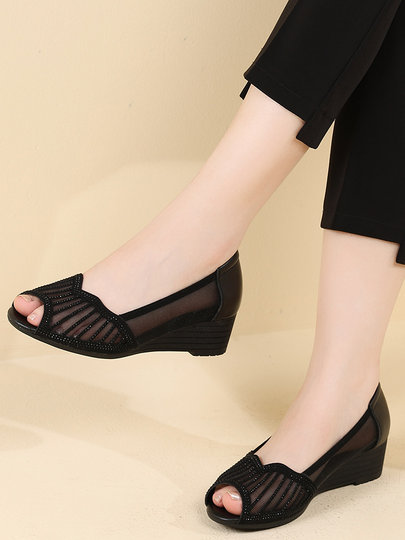 Fish Mouth Sandals for Women, Summer Mesh Mom Shoes, Breathable Genuine Leather Soft Sole Wedge Heels, Fashionable Women's Shoes, Comfortable and Breathable for the Elderly