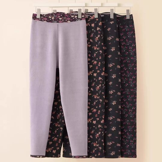 Autumn and Winter Plus-Size Warm Pants for Middle-Aged and Elderly Women, Floral Pattern, Fleece-Lined, Loose-Fitting, Suitable for Mothers and Grandmothers, Extra-Large Cotton Pants