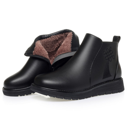 真皮妈妈棉鞋冬季加绒保暖中老年棉鞋加厚羊毛短靴女平底防滑皮鞋