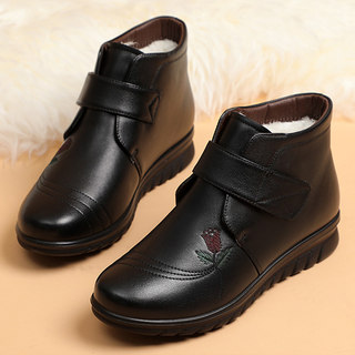 Mom's Shoes, Winter Genuine Leather Snow Boots, Middle-Aged and Elderly Short Boots, Non-Slip, Fleece-Lined, Warm Grandma Winter Shoes, Elderly Cotton Shoes for Women
