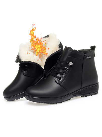 Soft Leather Women's Short Boots for Autumn and Winter, Fleece-Lined and Thickened with Wool, Comfortable Cotton Shoes for Middle-Aged and Elderly, Flat Soft-Soled Single Shoes, Mom Shoes