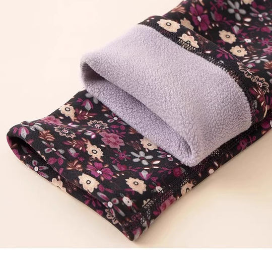 Autumn and Winter Plus-Size Warm Pants for Middle-Aged and Elderly Women, Floral Pattern, Fleece-Lined, Loose-Fitting, Suitable for Mothers and Grandmothers, Extra-Large Cotton Pants
