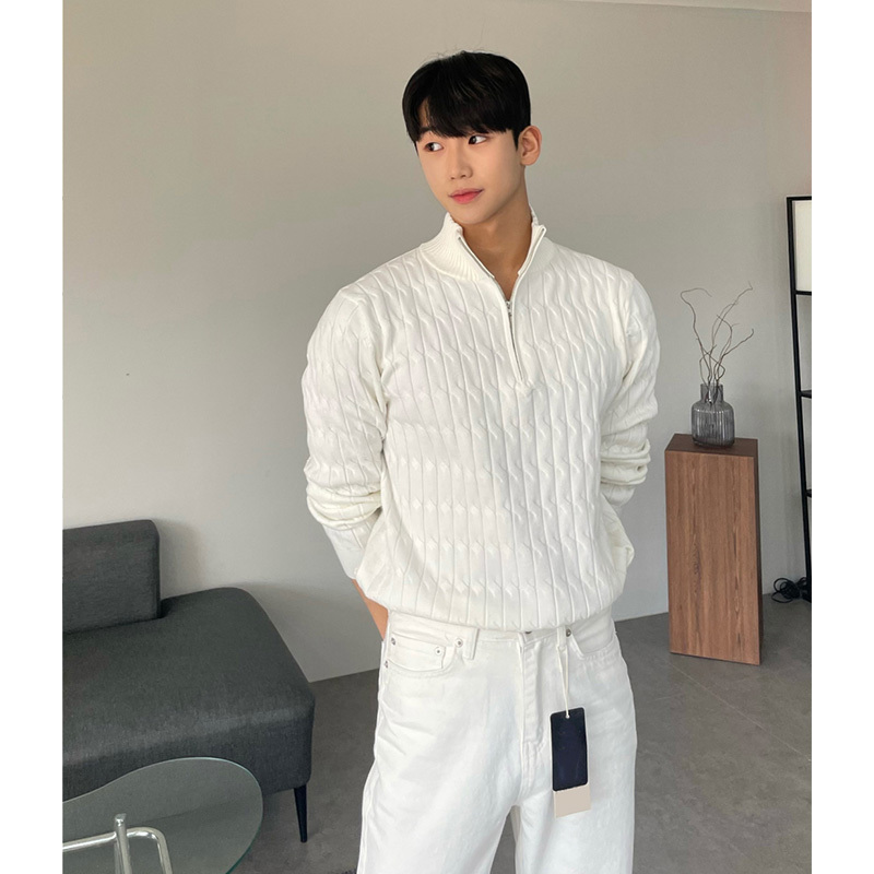 Davidme White Cable Knit Half-Zip Stand Collar Sweater Men's Thin Knitwear Inner Layer Base Shirt Top