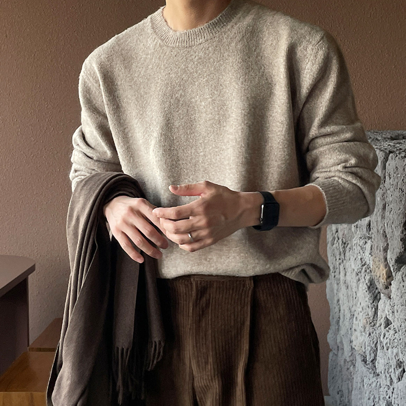 Khaki Sweater for Men, Spring and Autumn, Round Neck, Knitted Long-Sleeve Base Shirt, Vintage Loose Casual Jacket Top