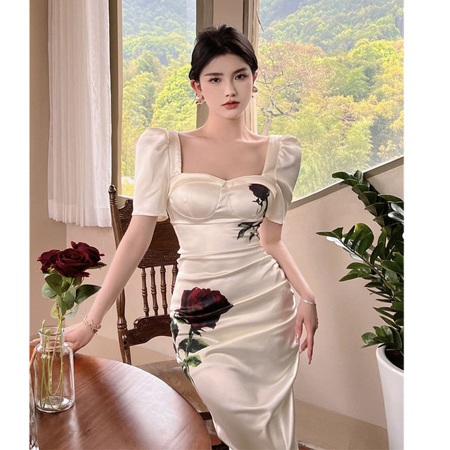 White satin rose dress high-end slim slit Hepburn dress long skirt pure summer temperament ladies