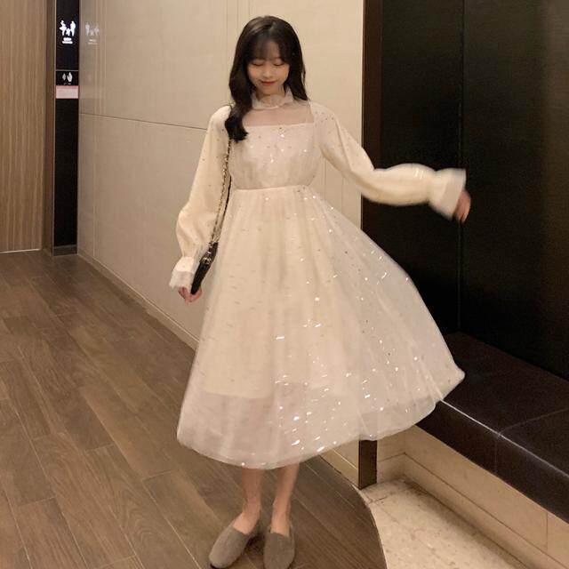 Large size women's clothing fat mm French super fairy waist and thin dress 2020 autumn long version over-the-knee long-sleeved chiffon skirt