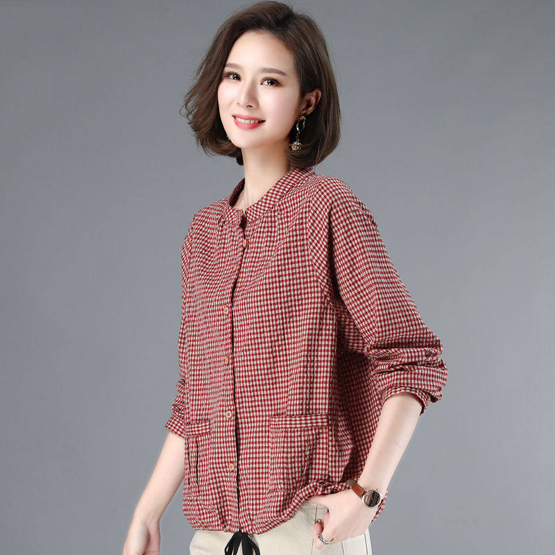 Fine checkered shirt woman 2020 new spring large size casual loose retro short length long sleeve blouses female spring autumn tide