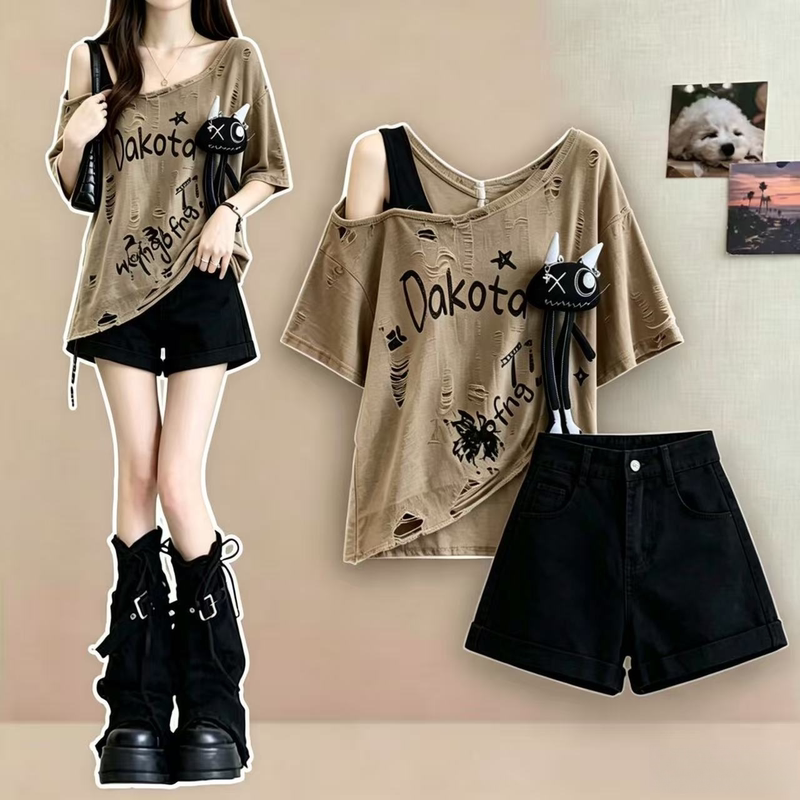2026 Summer New Women's Clothing Ripped Irregular Short-Sleeved Off-Shoulder Top Black Casual Denim Shorts Two-Piece Set
