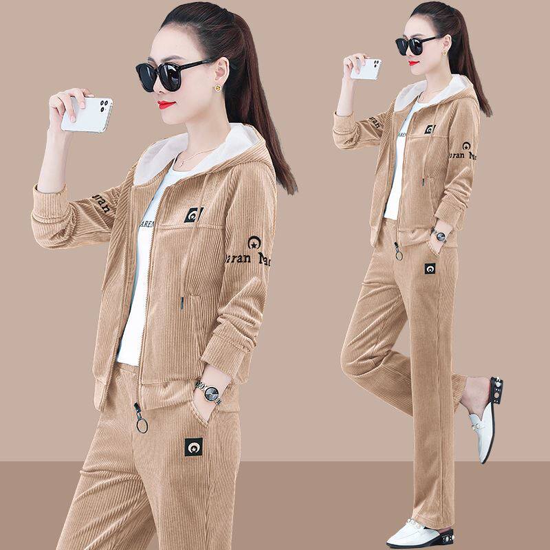 With cotton t wick velvet fashion suit woman 2021 new Korean version spring autumn sportswear casual two-piece three sets