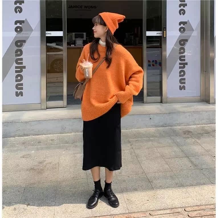 (Three Piece Set) Lazy Wind Loose Pullover Sweater Bottoming Shirt High Waist Skirt Female Student Spring and Autumn Suit