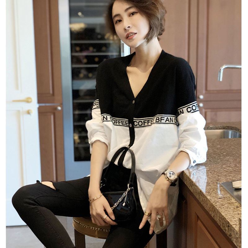 ins stitching V-neck top blouse long-sleeved spring and autumn black loose wear Korean version 2021 spring new trend