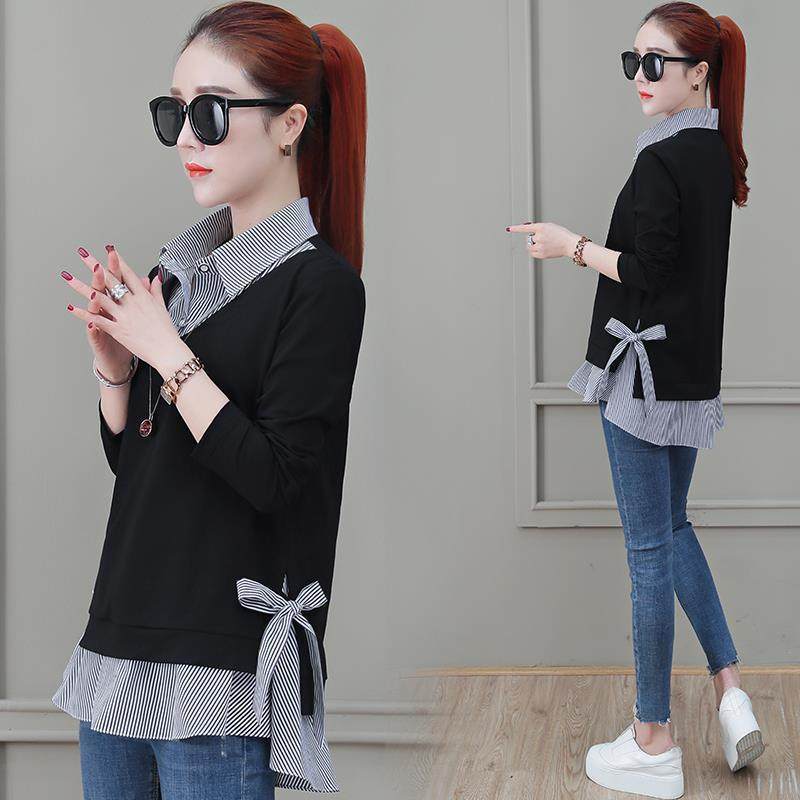 Cotton size fake two women's tops 2020 fall new Korean version loose cover belly long sleeves T-shirt women's blouse