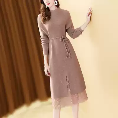 Knitted dress women autumn and winter new foreign pie long version loose waist lace stitching base sweater skirt