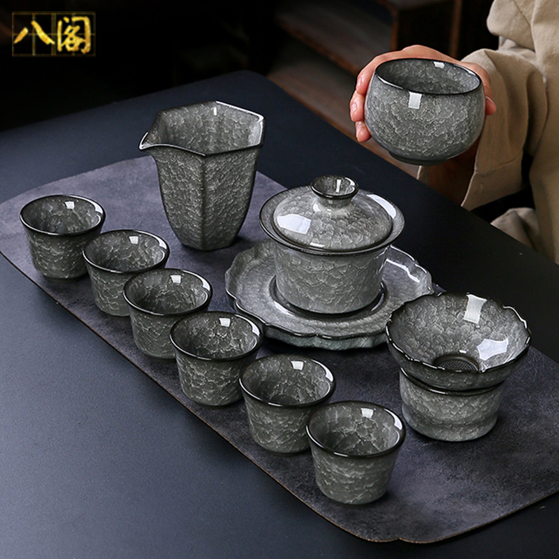 Black Ice Kung Fu Tea Set with Floating Lid Bowl, Living Room Home Use, Ice Crack Pattern, Office Ceramic Tea Cup, Light Luxury High-End Black Ice Kung Fu Tea Set with Floating Lid Bowl, Living Room Home Use, Ice Crack Pattern, Office Ceramic Tea Cup, Light Luxury High-End
