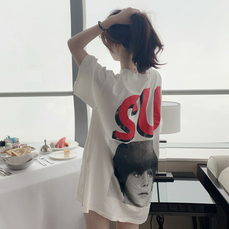 Large size cotton base white short sleeve T-shirt women's summer letter printing medium and long version half sleeve jacket loose ins tide