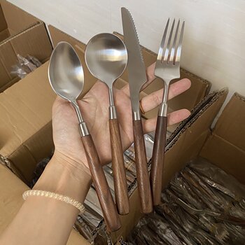 Western cuisine spoon thickened stainless steel retro imitation wood grain handle spoon long handle soup spoon fork household tableware japanese rice spoon