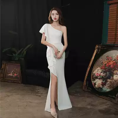 2021 new white elegant sexy split evening dress long skirt female high-end banquet temperament slim lotus leaf oblique shoulder