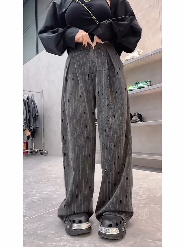 Rhinestone-Studded Ripped Striped Casual Pants for Women, 2026 Summer, Drapey, Unique Design, Fashionable and Versatile Wide-Leg Pants