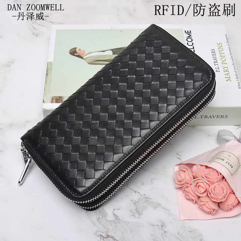 Korean version for men and women long handmade bag with double zipper and goat leather genuine leather woven RFID anti-theft brushed accordion card purse-Taobao