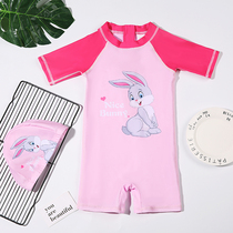 Childrens swimsuit female cute cute cute pattern conservative sunscreen flat corner students big small and medium-sized girls hot spring one-piece swimsuit